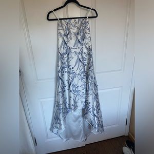 Le Chateau Strapless White&Blue floral High-Low gown.